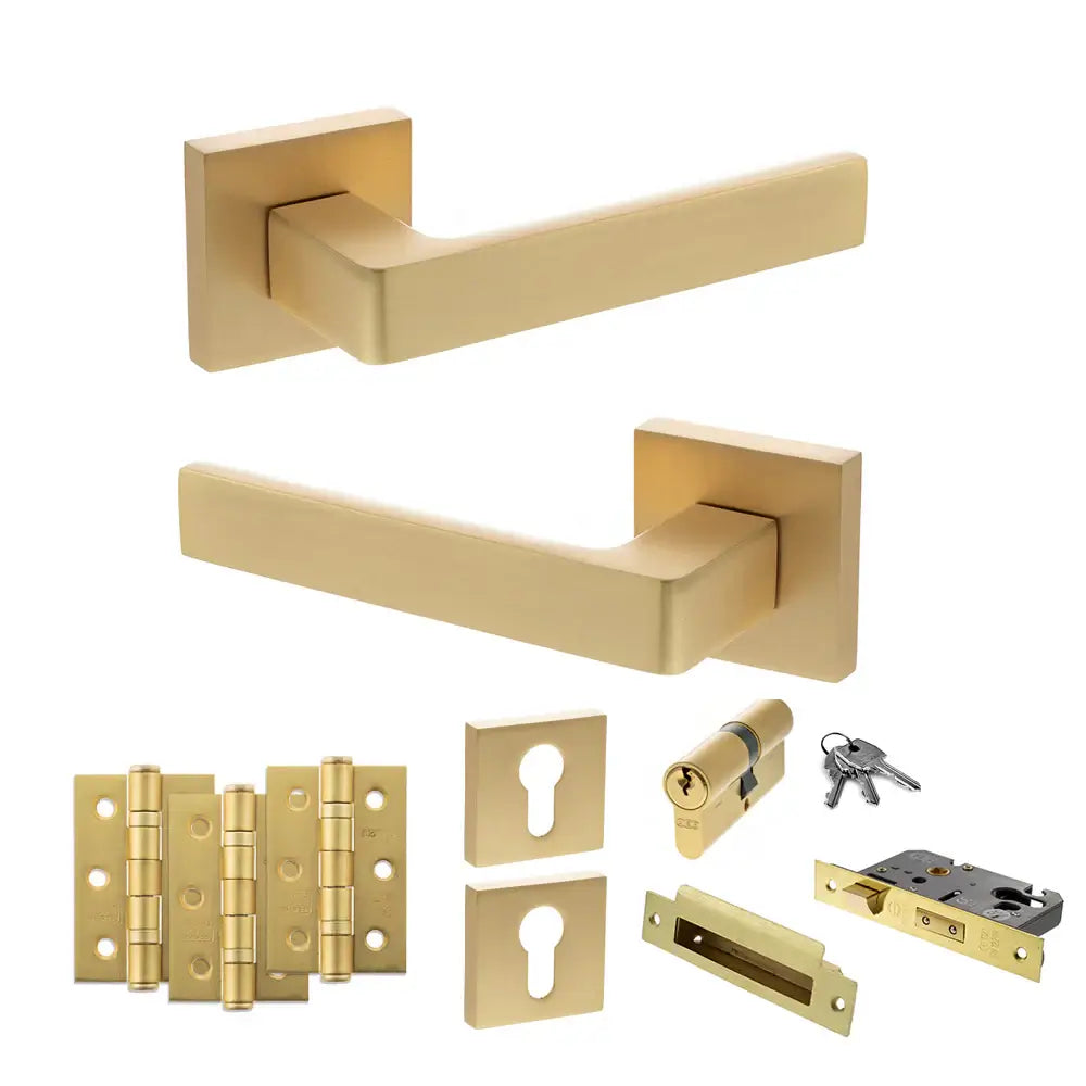 Product Gold door handle set with lock mechanism on a white background