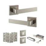 Product Set of satin nickel door handles and hardware components on a white background