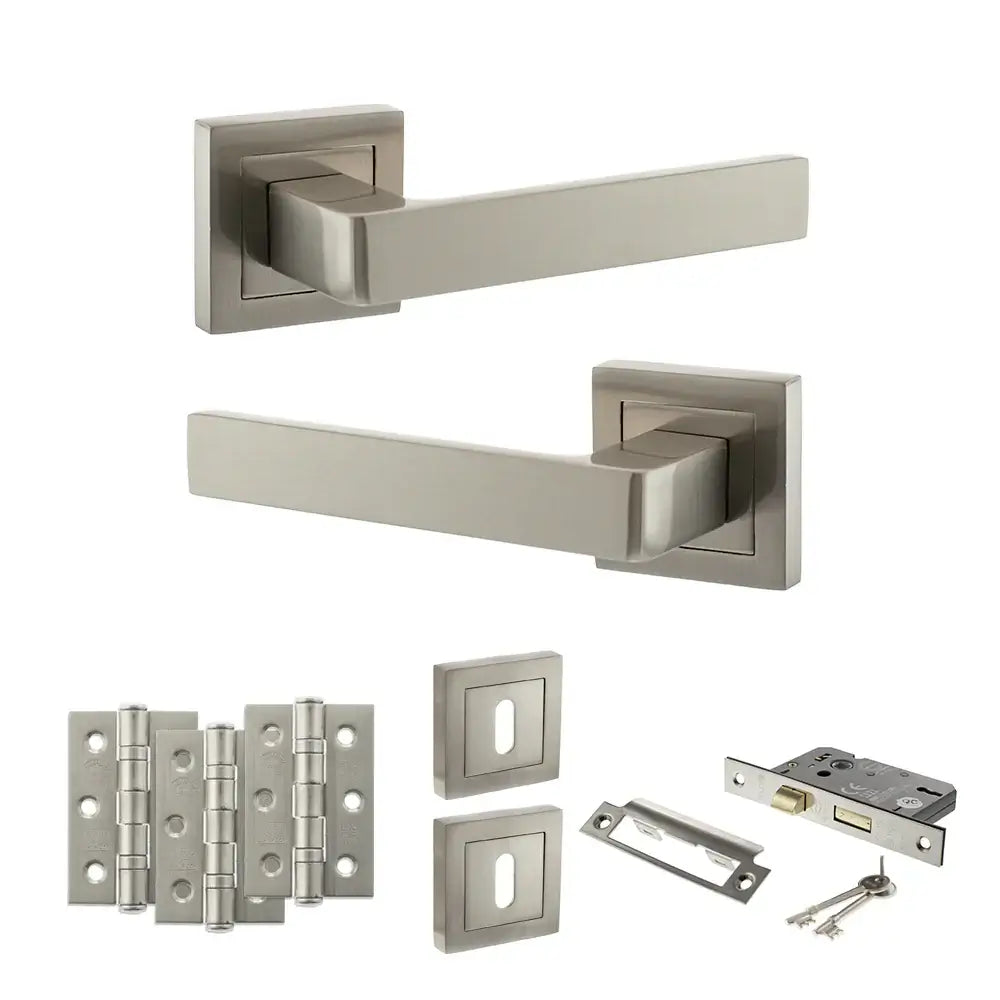 Product Set of satin nickel door handles and hardware components on a white background