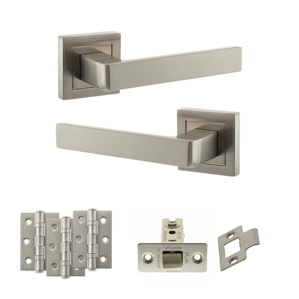 Product Set of metallic door handles and hardware components on a white background