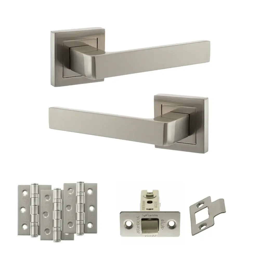 Product Set of metallic door handles and hardware components on a white background