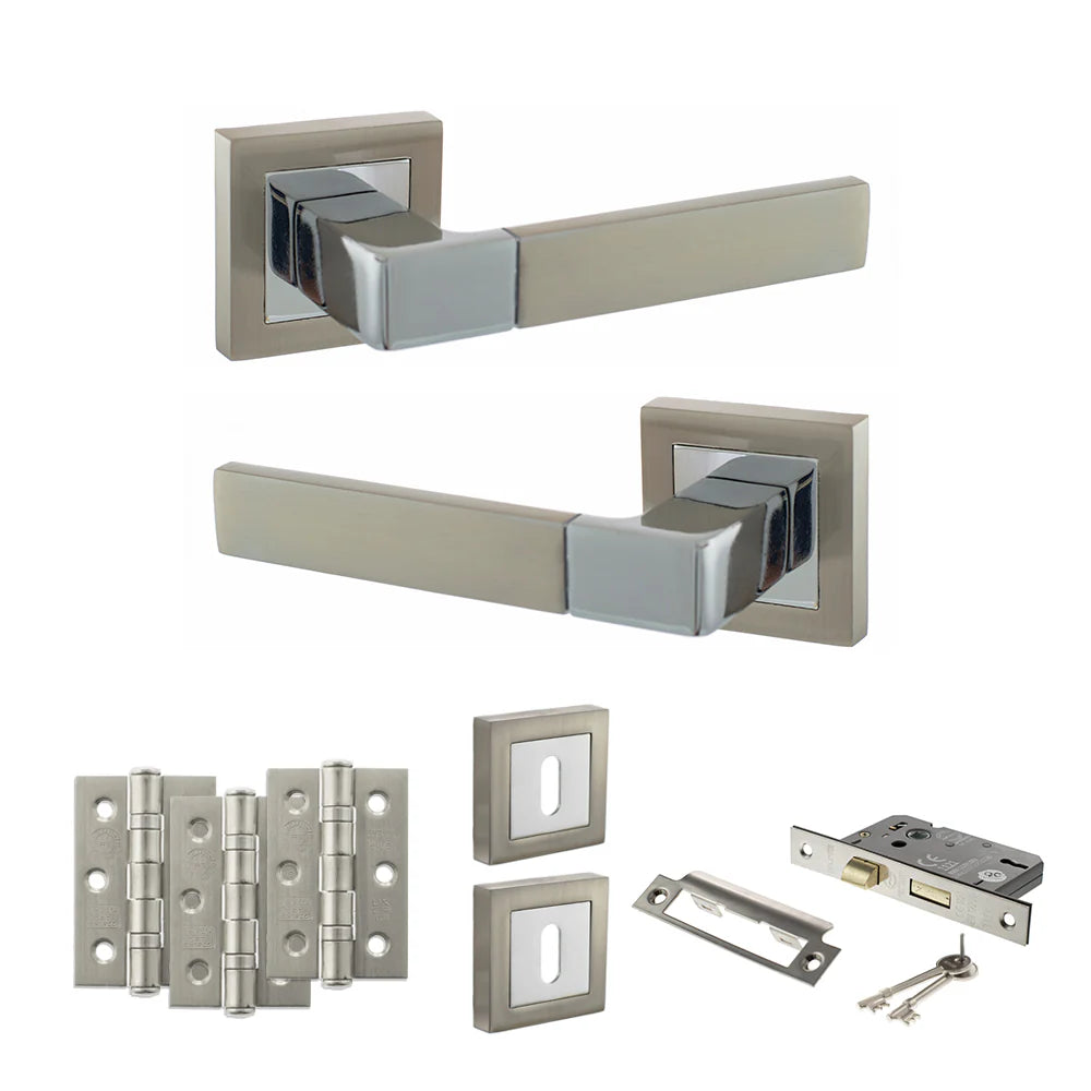 Product Set of metallic door handles and hardware components on a white background
