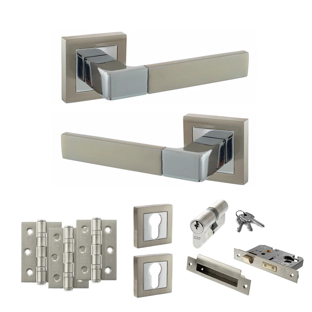 Product Set of door handles, locks, and hinges on a white background
