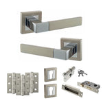 Product Set of door handles, locks, and hinges on a white background