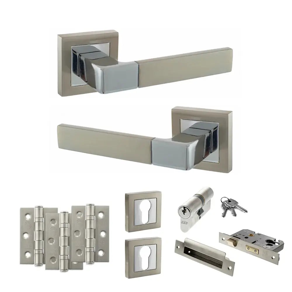 Product Set of door handles, locks, and hinges on a white background