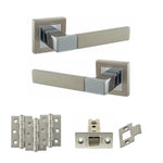 Product Set of metallic door handles and hardware components on a white background