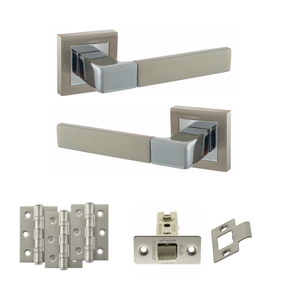 Product Set of metallic door handles and hardware components on a white background