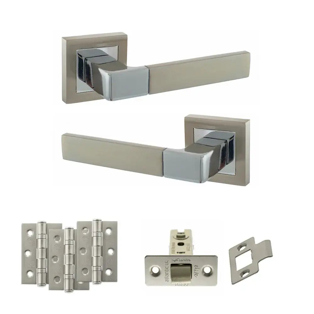 Product Set of metallic door handles and hardware components on a white background