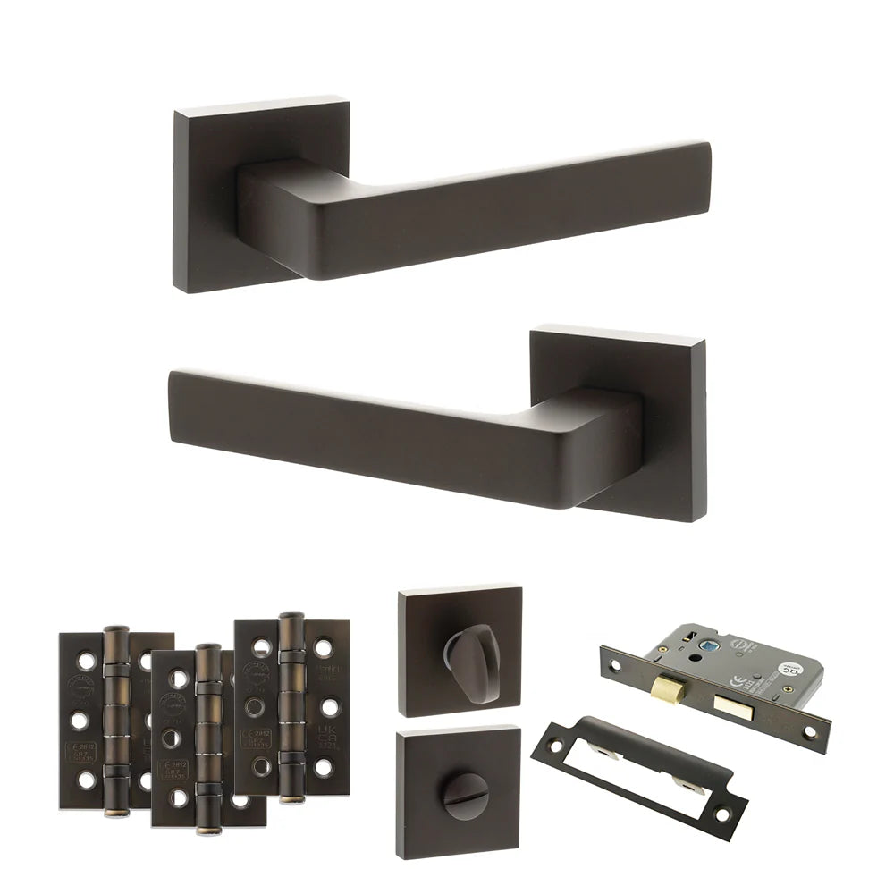 Product Set of black door handles and hardware components on a white background