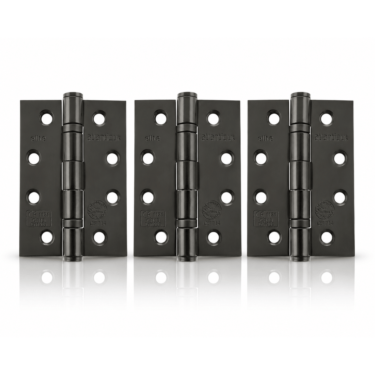 Product Three black metal hinges arranged side by side on a white reflective surface.