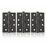 Product Three black metal hinges arranged side by side on a white reflective surface.