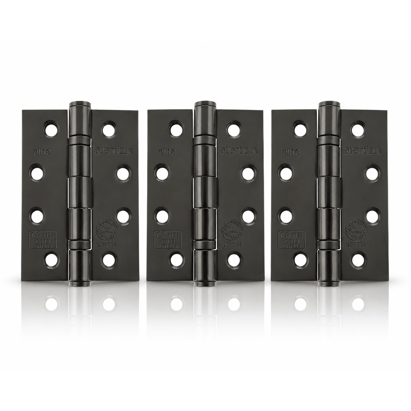 Product Three black metal hinges arranged side by side on a white reflective surface.