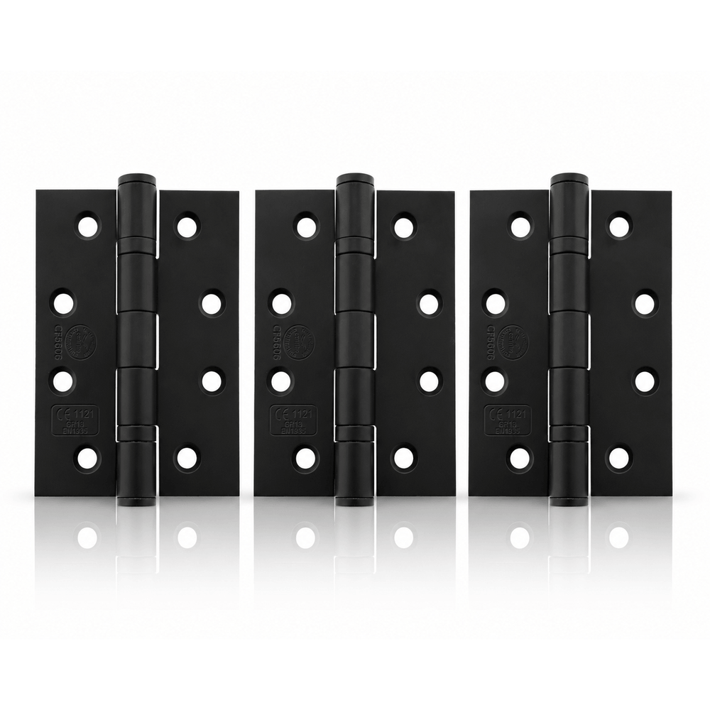 Product Three black metal hinges arranged side by side on a clean white background with a soft reflection below.