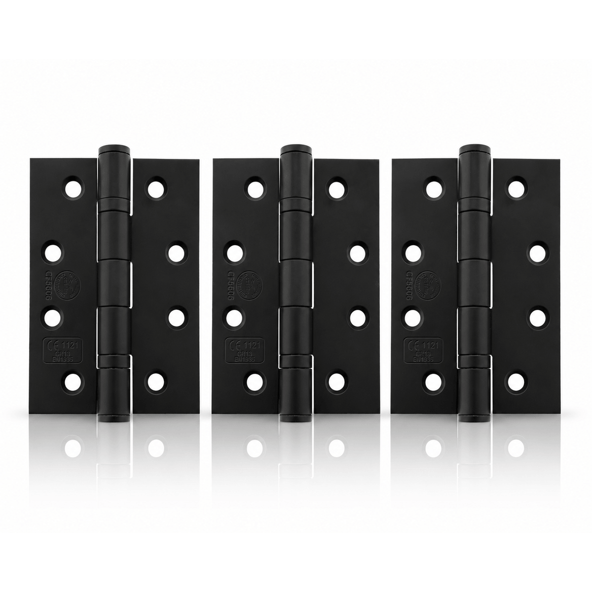 Product Three black metal hinges arranged side by side on a clean white background with a soft reflection below.