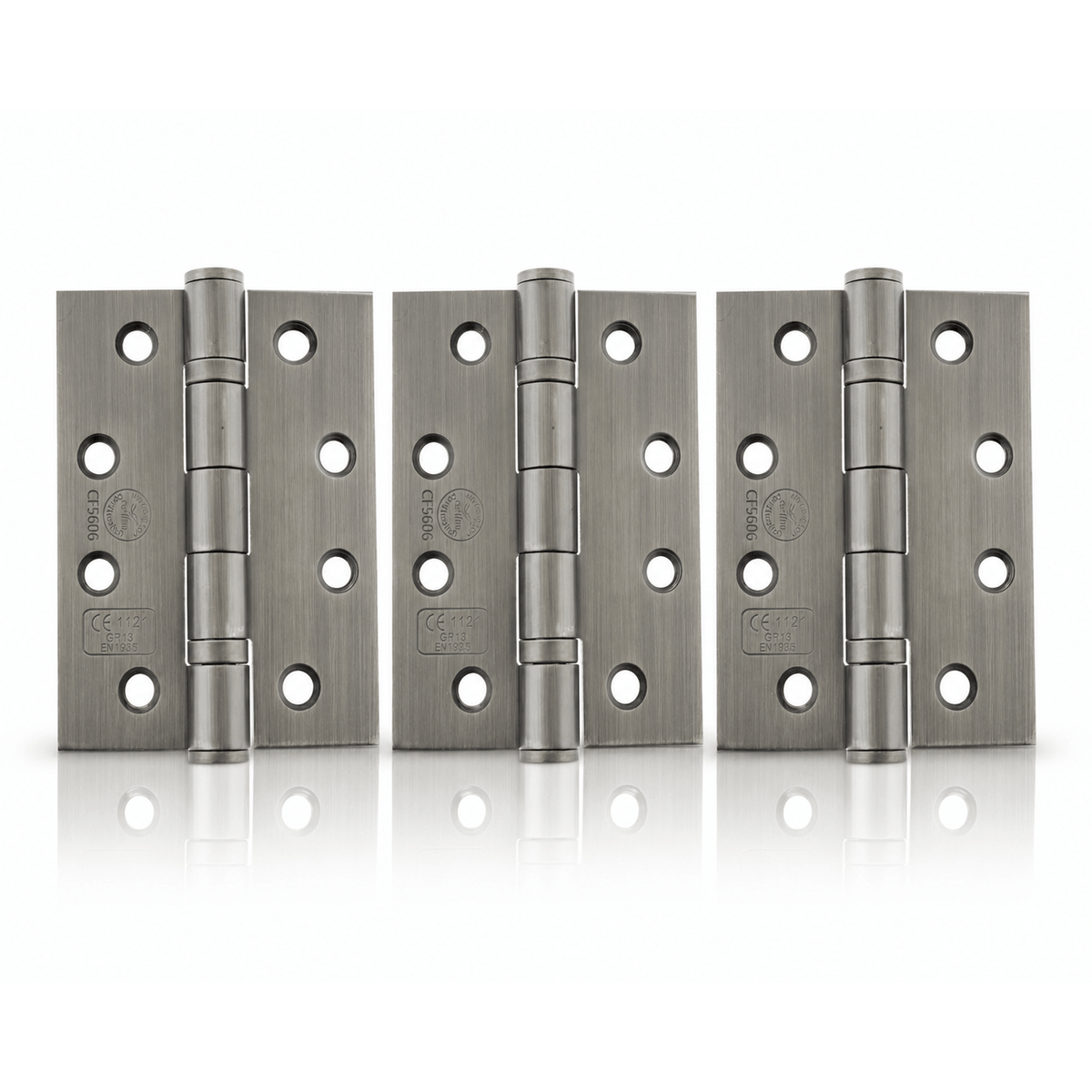 Product Three brushed metal hinges arranged side by side on a clean white background with a subtle reflection below.