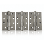 Product Three brushed metal hinges arranged side by side on a clean white background with a subtle reflection below.
