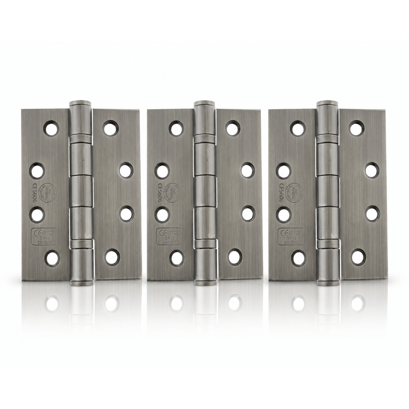 Product Three brushed metal hinges arranged side by side on a clean white background with a subtle reflection below.