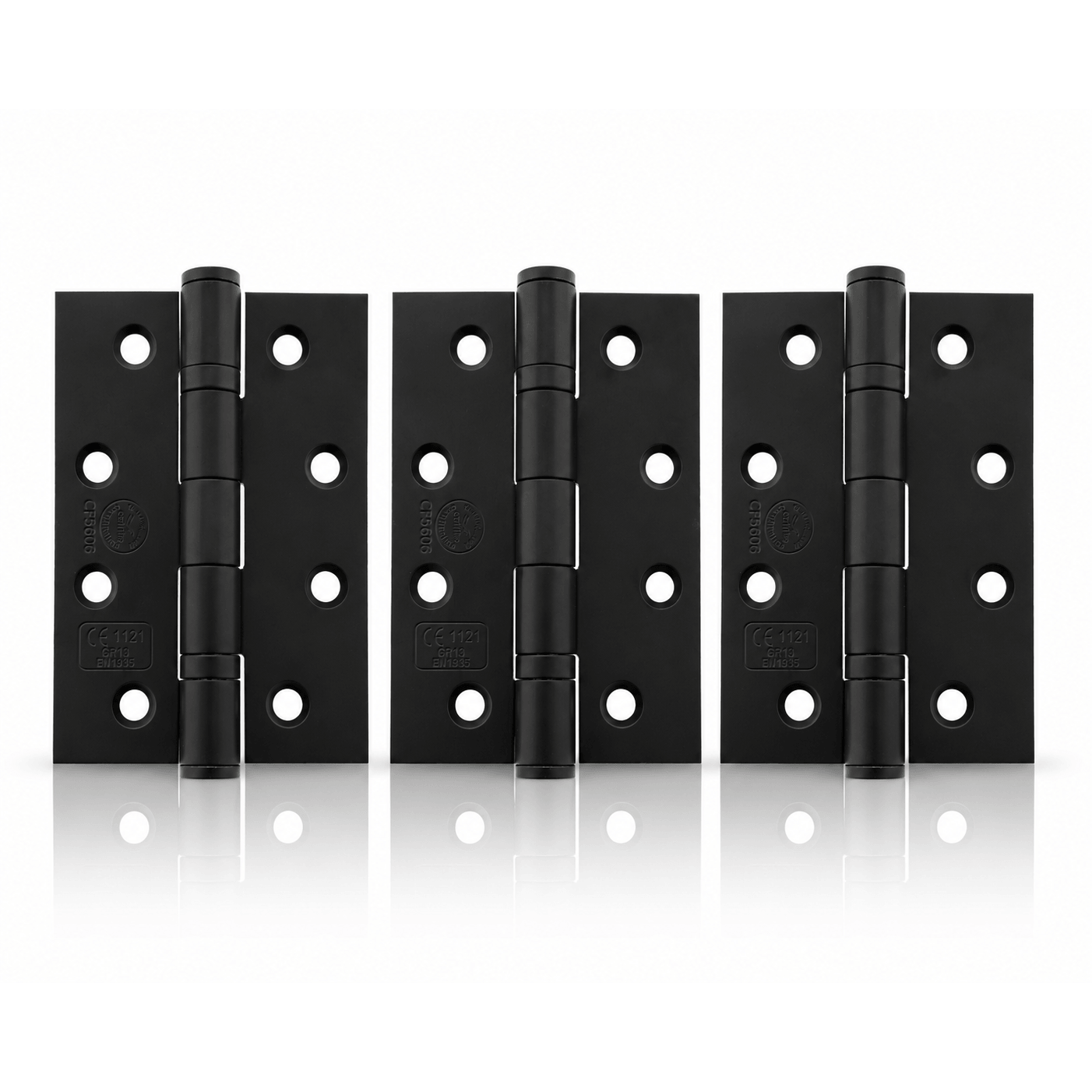 Product Three black metal hinges arranged side by side on a clean white background with a soft reflection below.