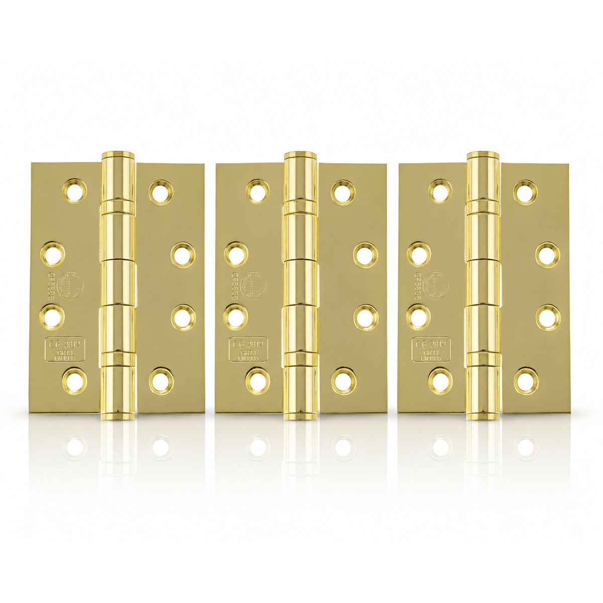 Product Three brass hinges arranged side by side on a clean white background with a subtle reflection underneath.