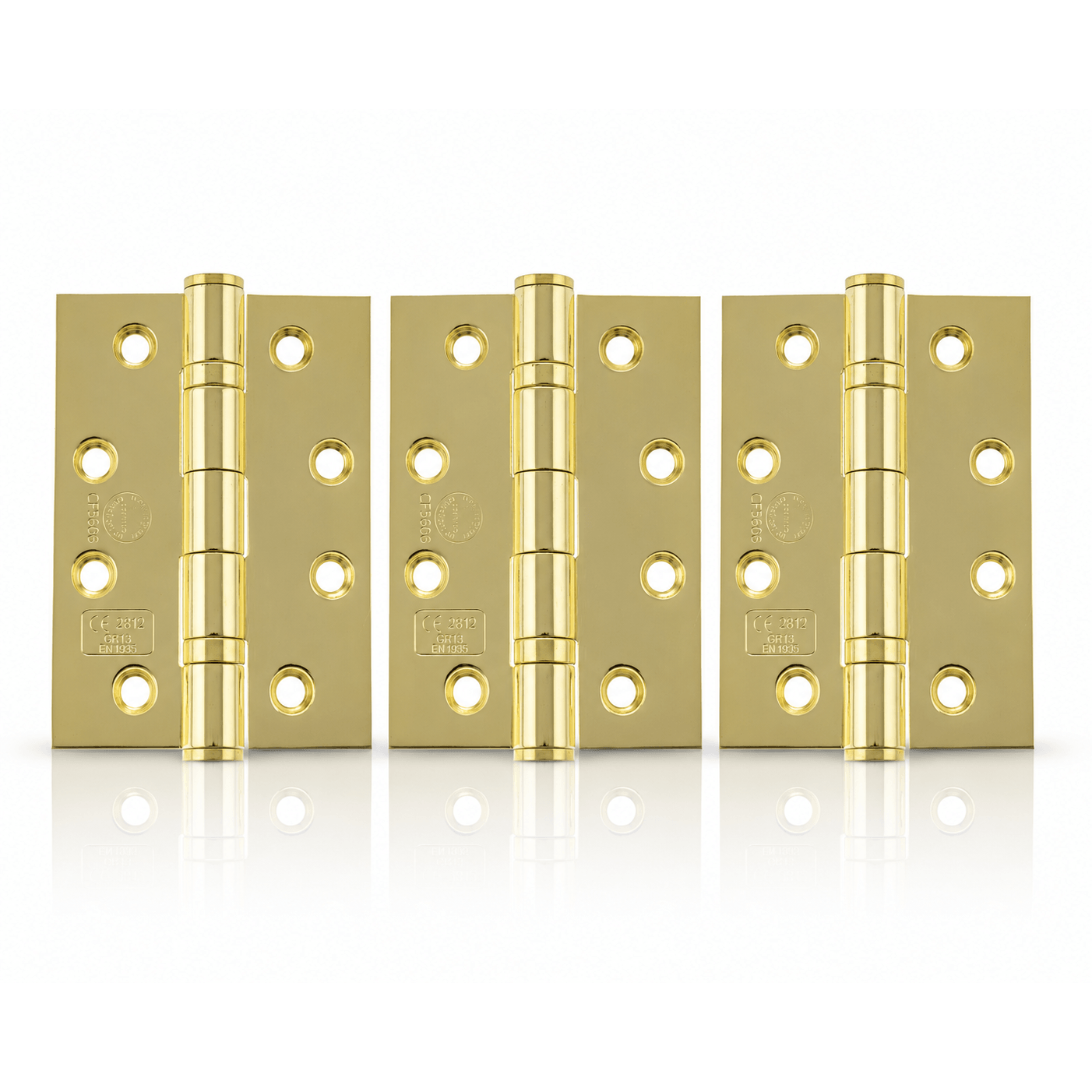 Product Three brass hinges arranged side by side on a clean white background with a subtle reflection underneath.