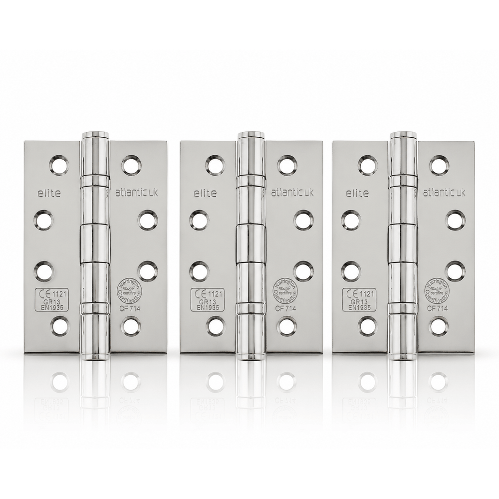 Product silver metal hinges arranged in a row on a white background with a soft reflection below. The hinges are branded with the word 'elite' and feature a polished finish.