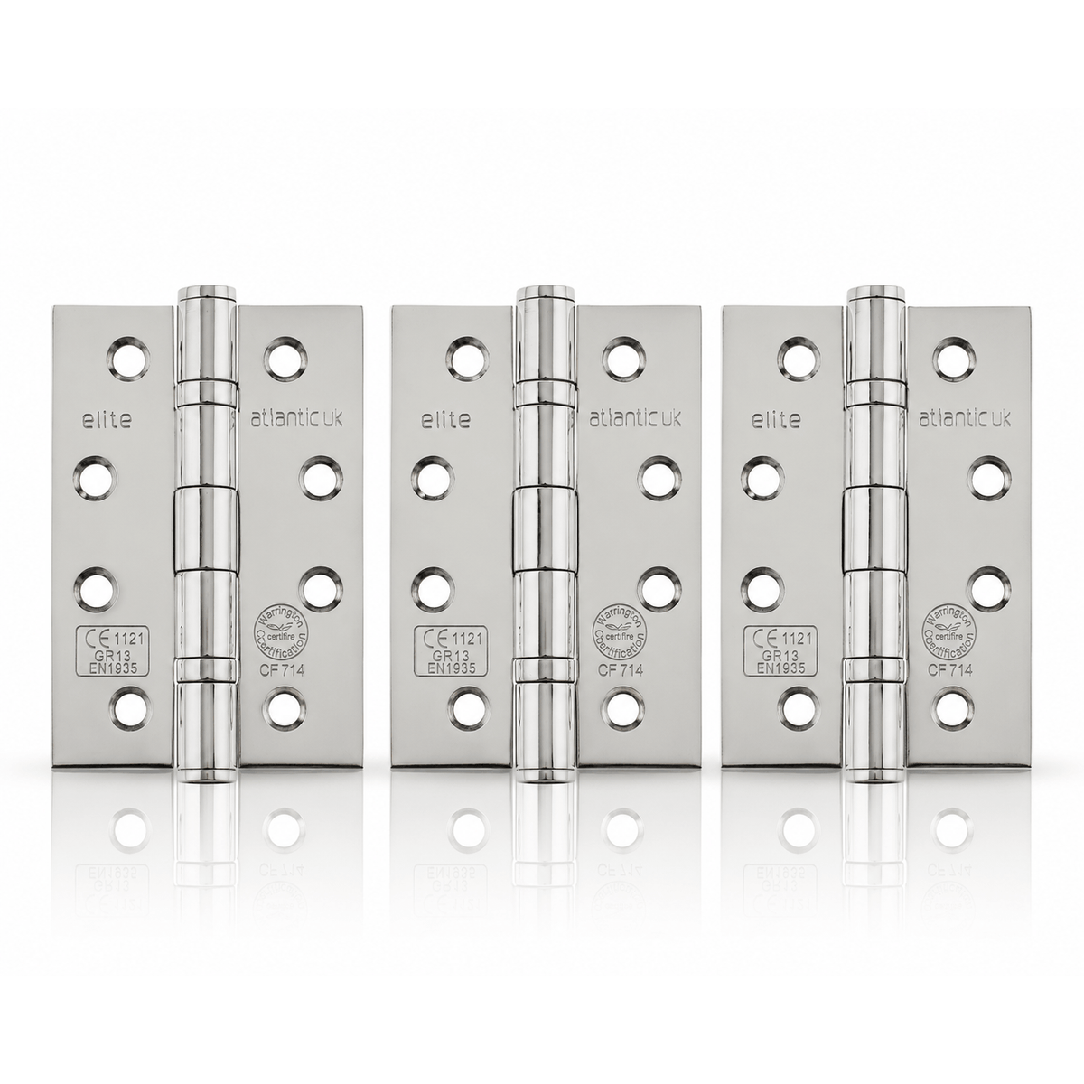 Product silver metal hinges arranged in a row on a white background with a soft reflection below. The hinges are branded with the word 'elite' and feature a polished finish.