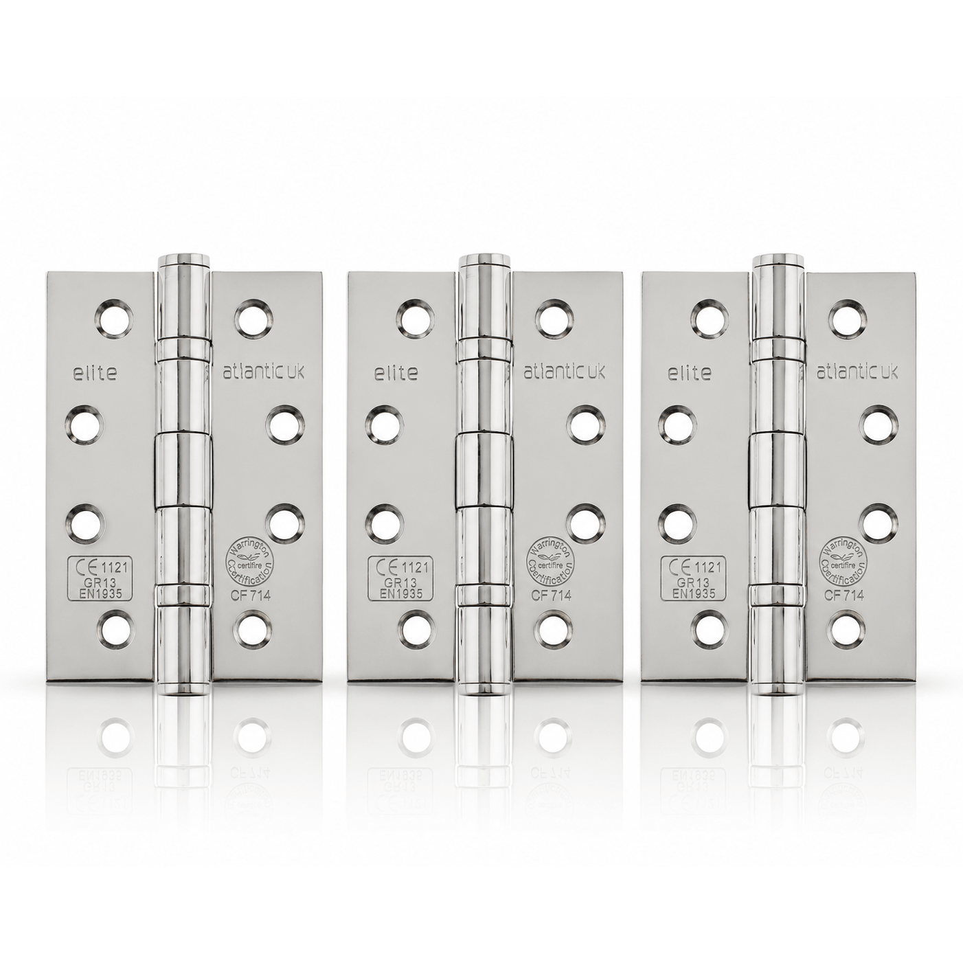 Product silver metal hinges arranged in a row on a white background with a soft reflection below. The hinges are branded with the word 'elite' and feature a polished finish.
