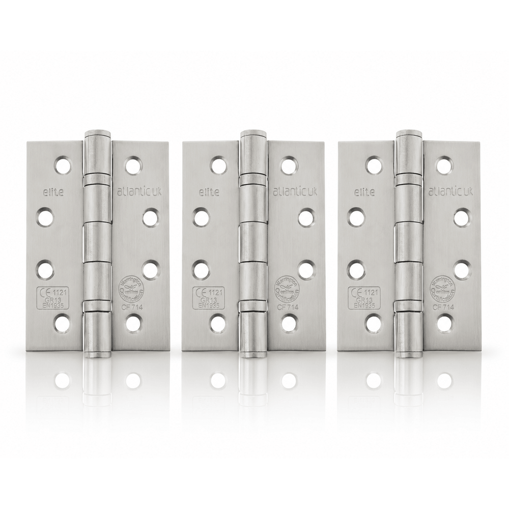Product Three silver metal hinges arranged side by side on a clean white background with a subtle reflection below.
