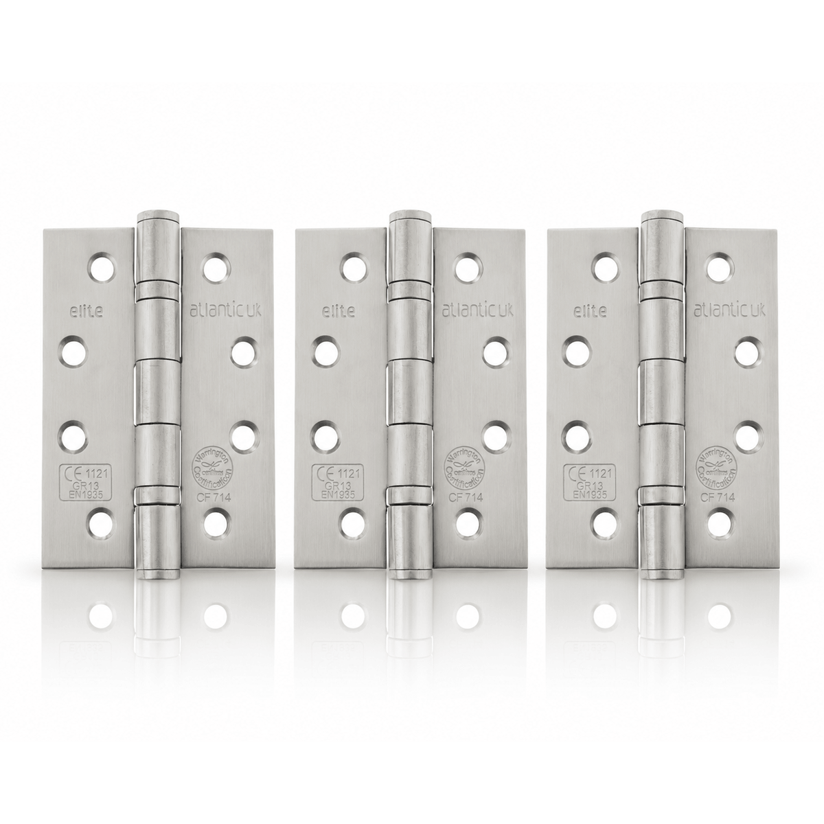 Product Three silver metal hinges arranged side by side on a clean white background with a subtle reflection below.