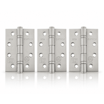 Product Three silver metal hinges arranged side by side on a clean white background with a subtle reflection below.