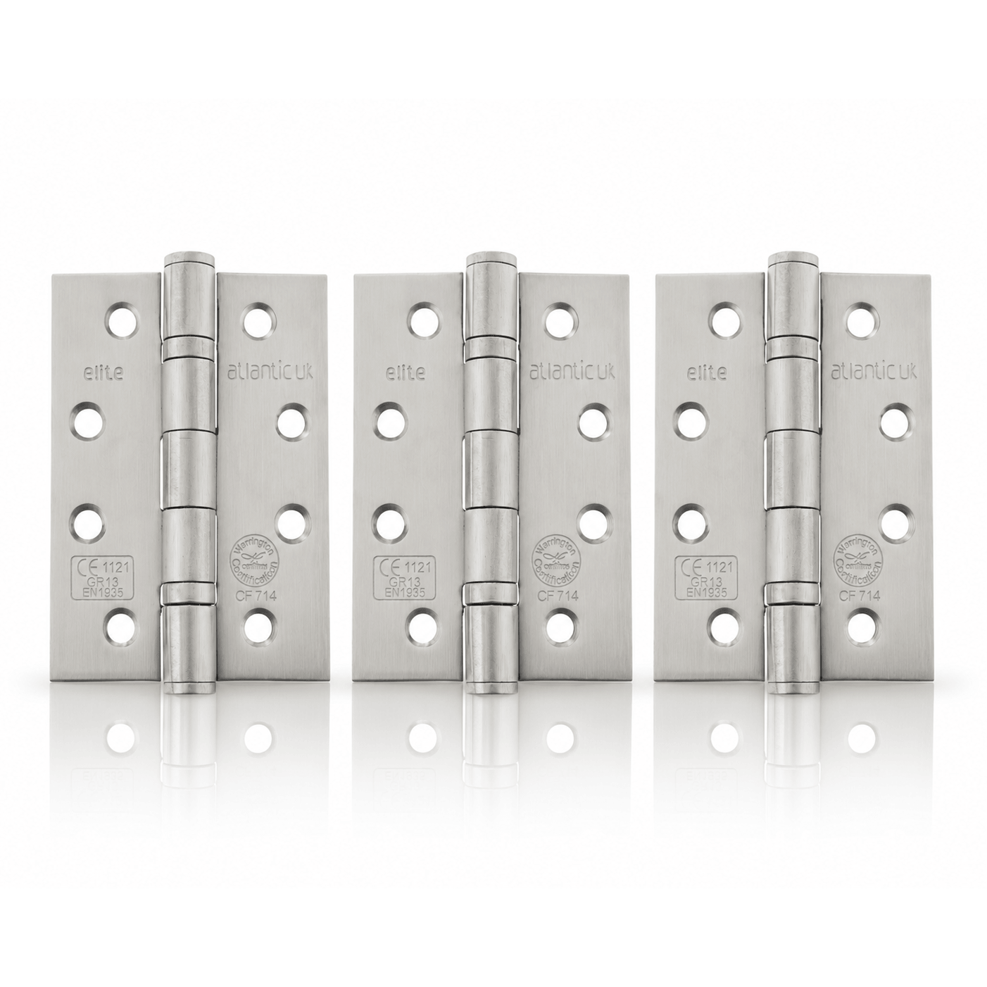 Product Three silver metal hinges arranged side by side on a clean white background with a subtle reflection below.