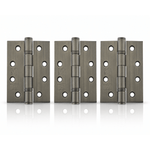 Product Three pairs of heavy-duty metal hinges in a brushed gunmetal finish, arranged side-by-side on a reflective white surface.