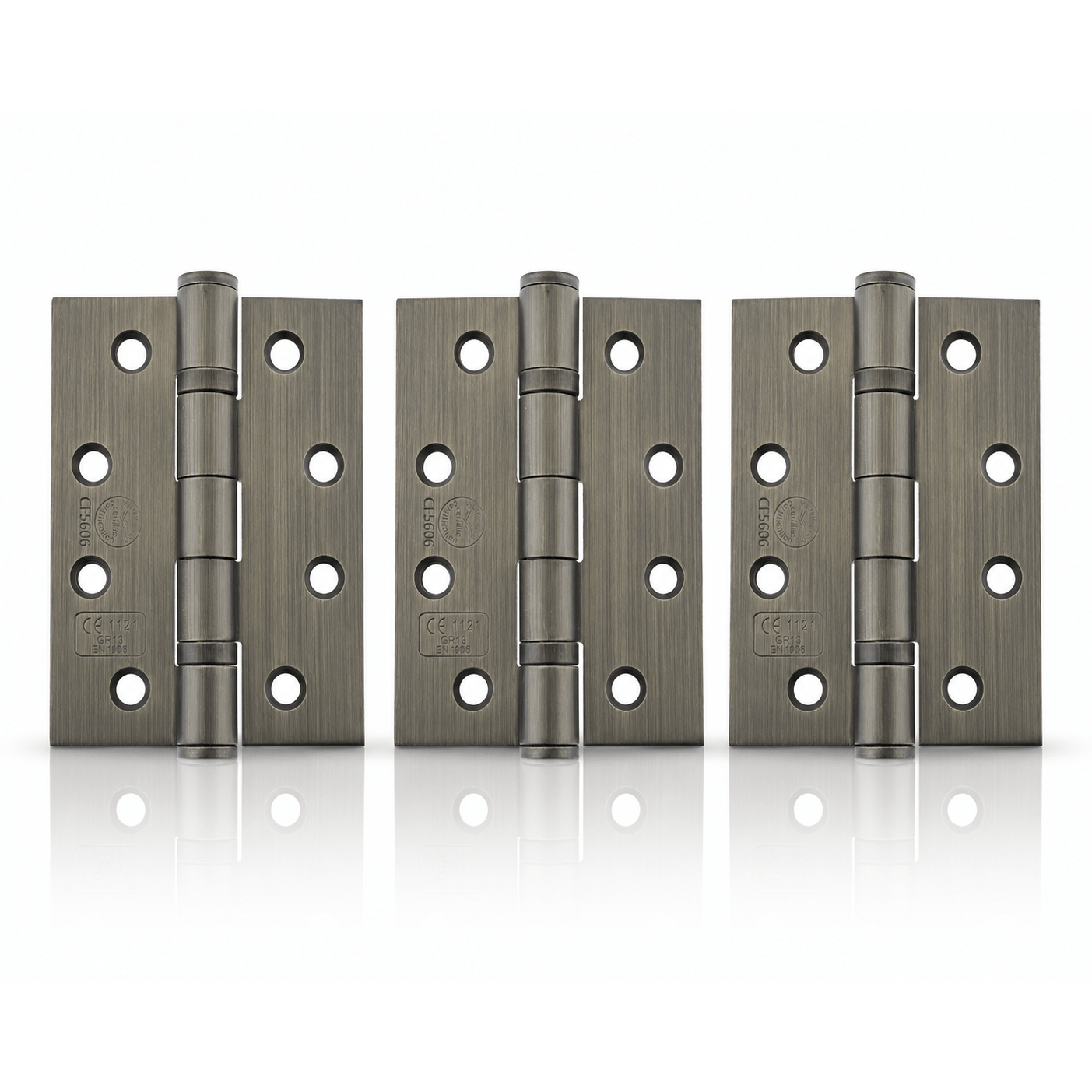 Product Three pairs of heavy-duty metal hinges in a brushed gunmetal finish, arranged side-by-side on a reflective white surface.