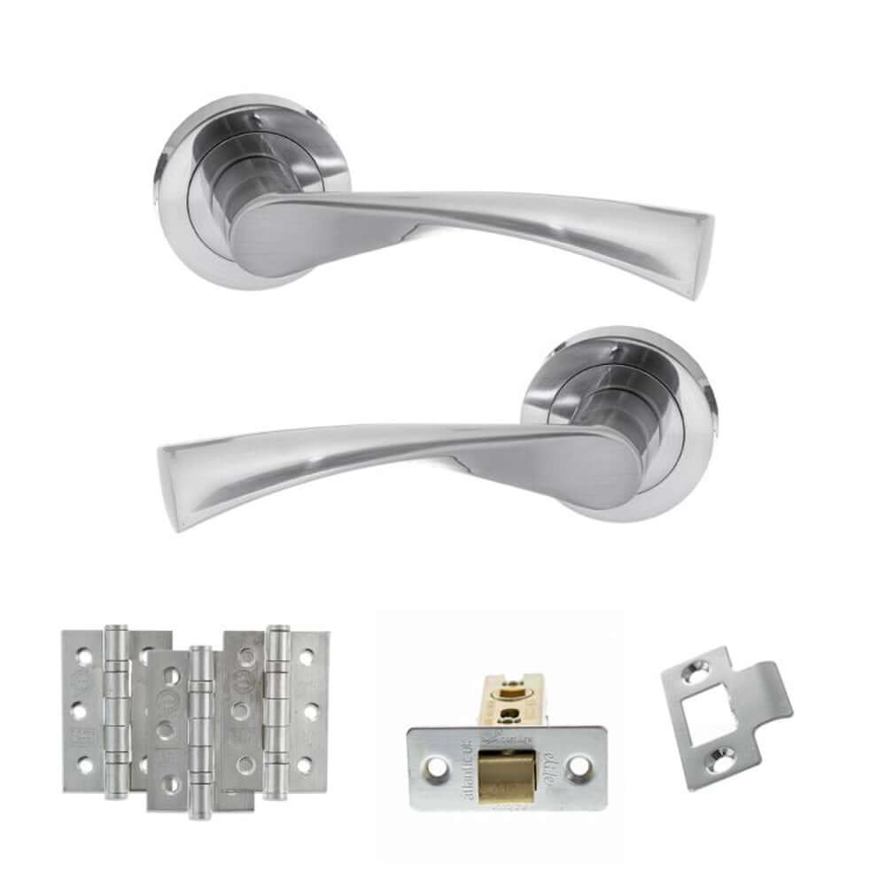 Product satin chrome door handle on round rose