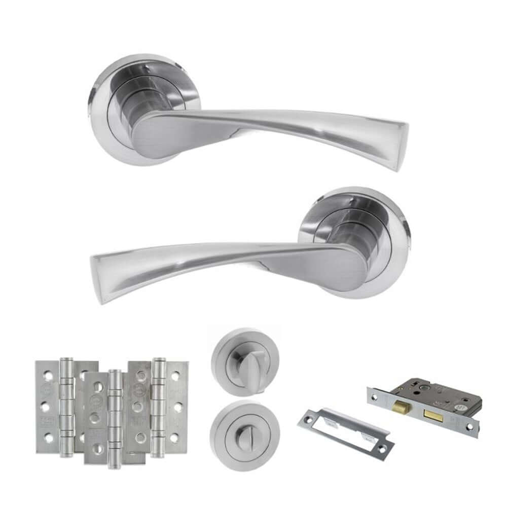 Product satin chrome door handle on round rose