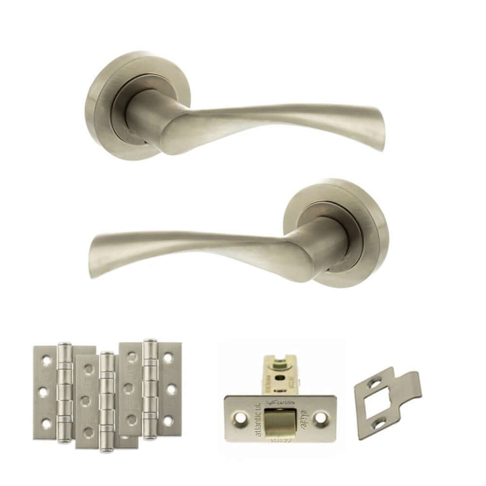Product satin nickel door handle on round rose