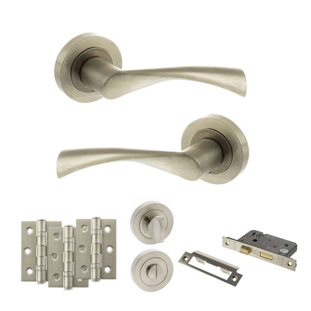 Product satin nickel door handle on round rose