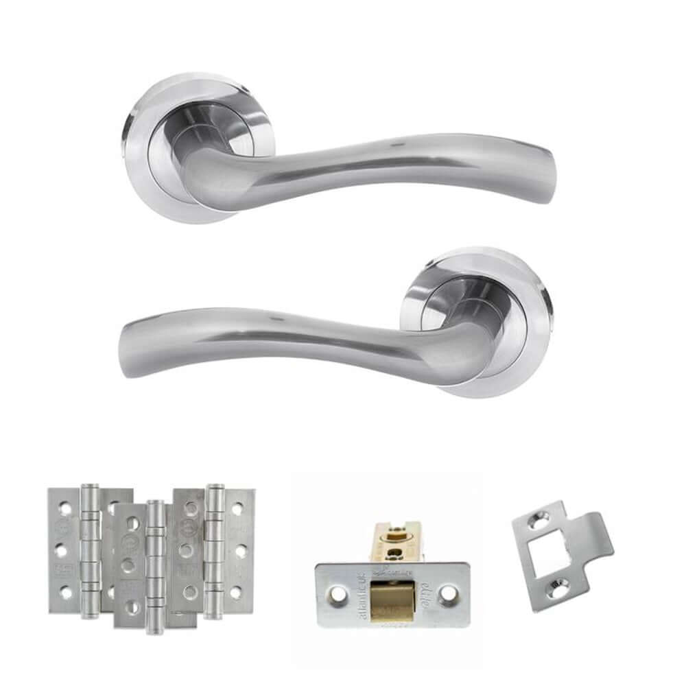 Product satin chrome door handle on round rose