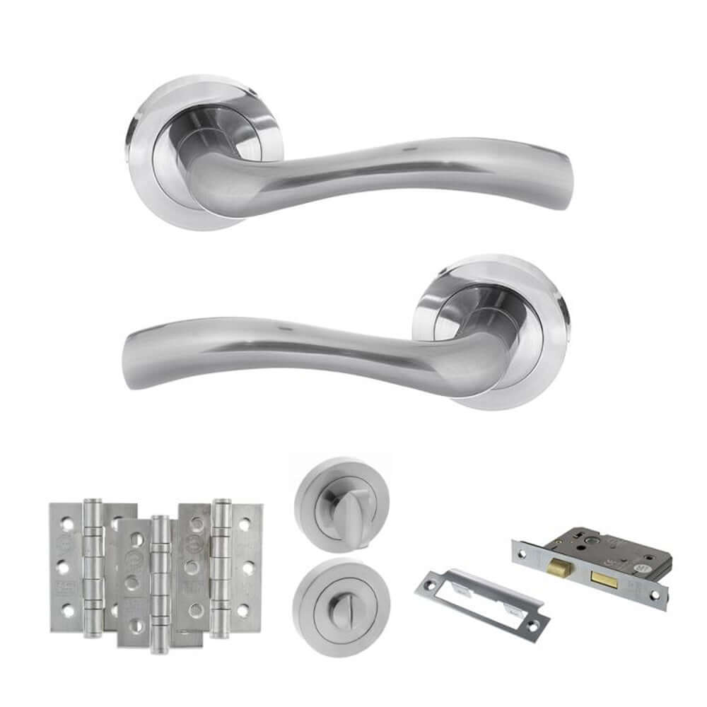 Product satin chrome door handle on round rose