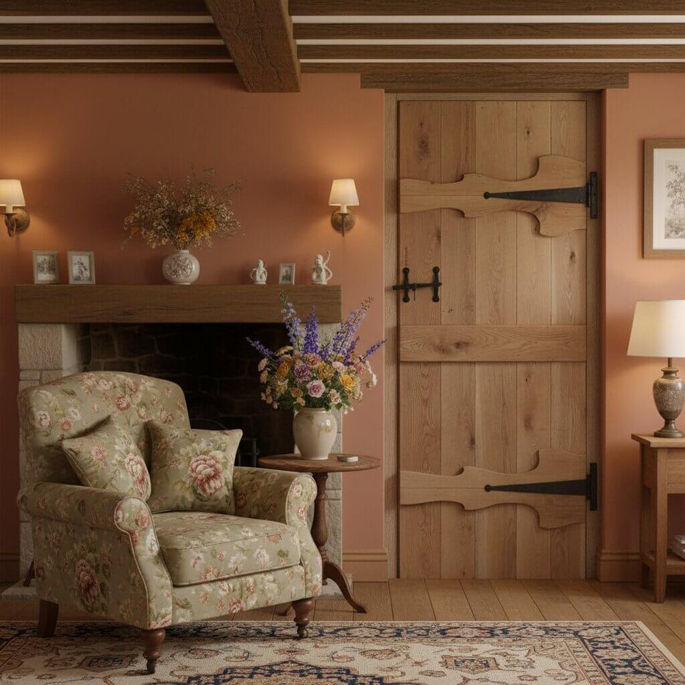 Lifestyle solid oak Abbey three-ledge rustic bead and butt cottage door installed in a room setting