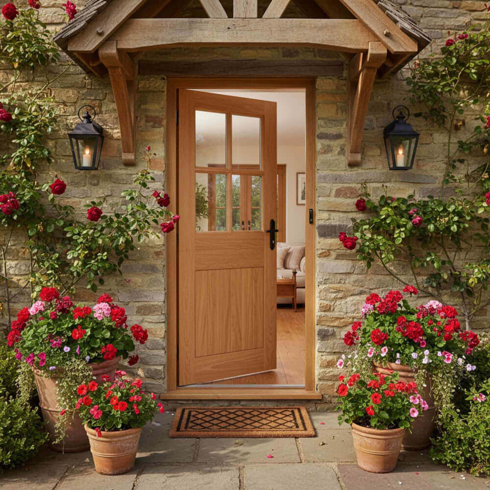 Lifestyle Adoorable oak 4 panel glazed cottage stable door in porch