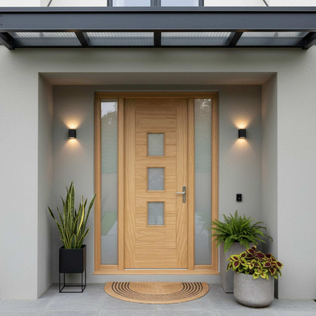 Modern wooden front door with glass panels on a gray wall, flanked by potted plants.