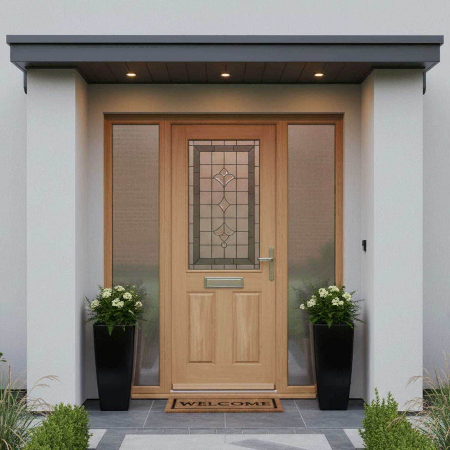 Wooden front door with decorative glass panel on a house exterior