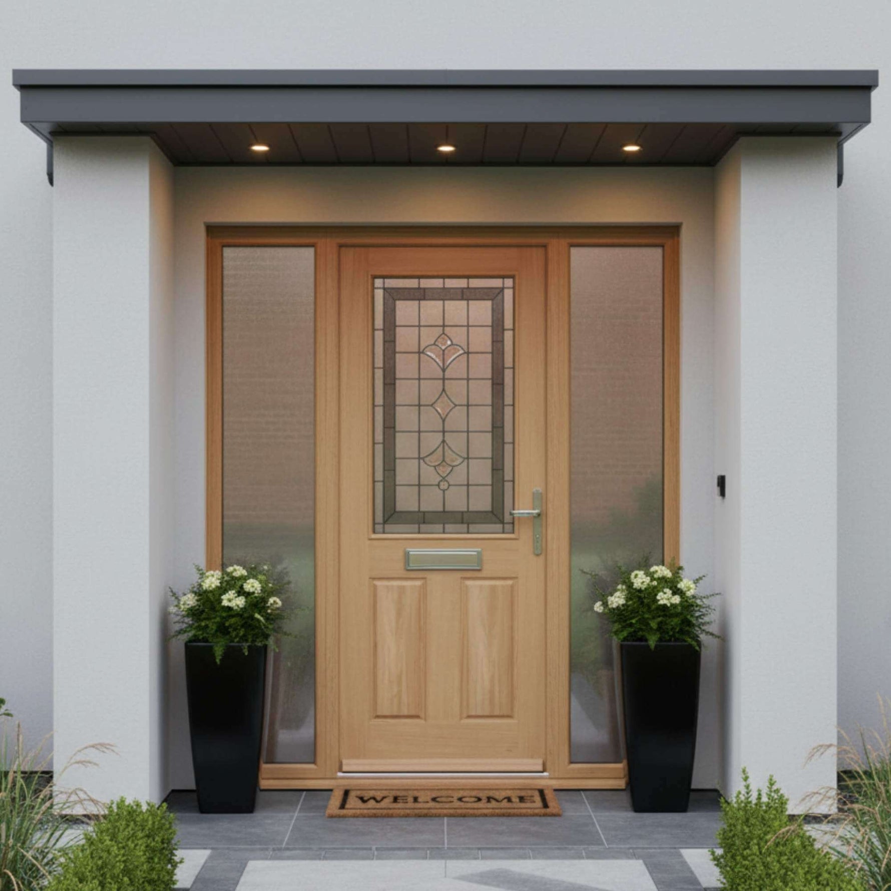 Wooden front door with decorative glass panel on a house exterior