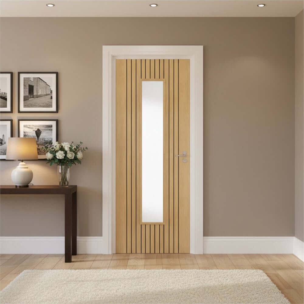 Lifestyle Aria oak clear glazed laminated internal door installed in a room setting