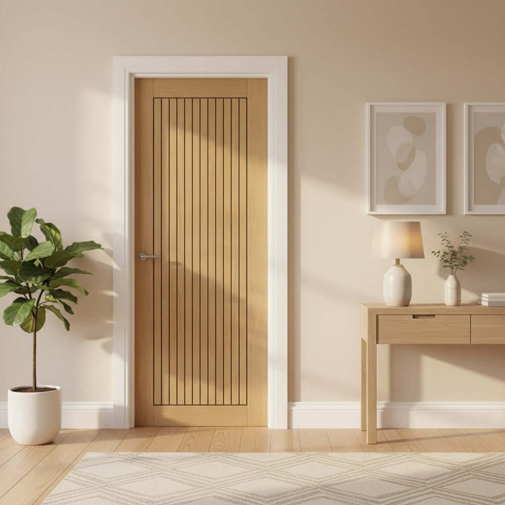 Lifestyle Aria oak laminated internal fire door installed in a room setting
