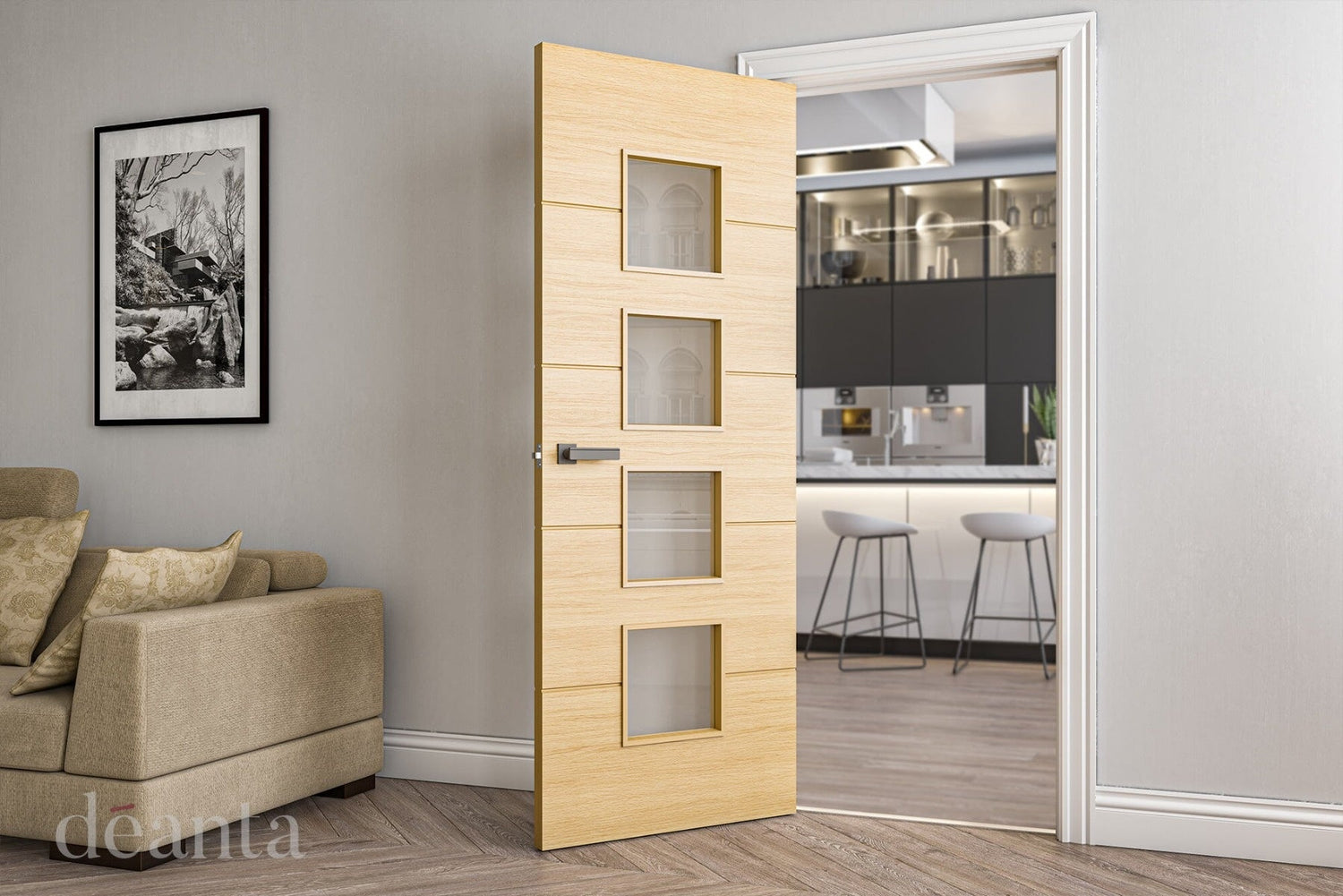 Augusta Internal Engineered Glazed Prefinished Oak Internal Doors - Lifestyle Image 1