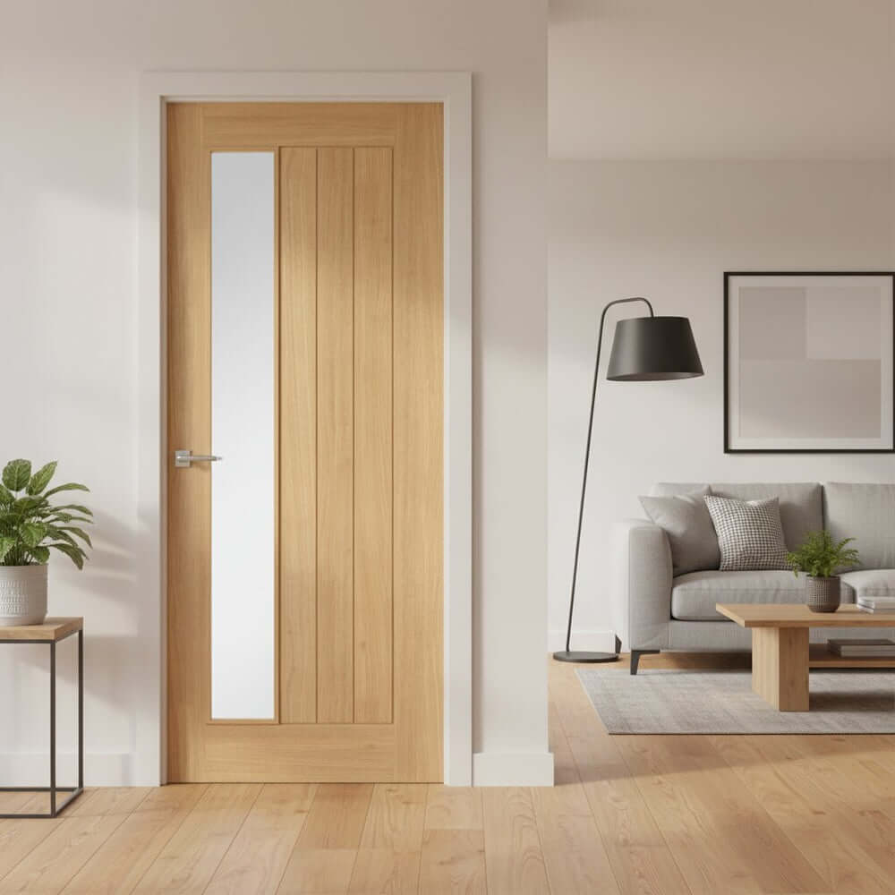 Lifestyle Belize offset clear glazed oak internal door installed in a room setting