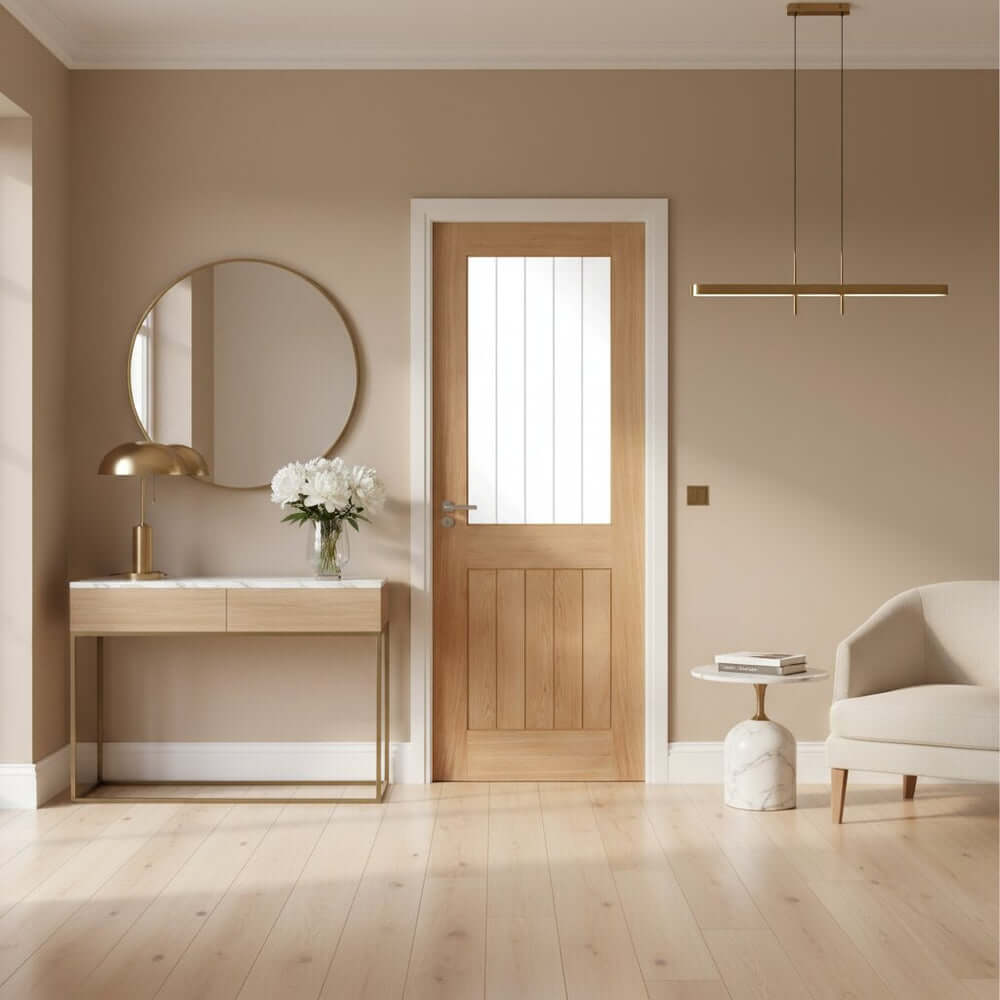 Lifestyle Belize unfinished oak 1 light glazed internal door installed in a room setting