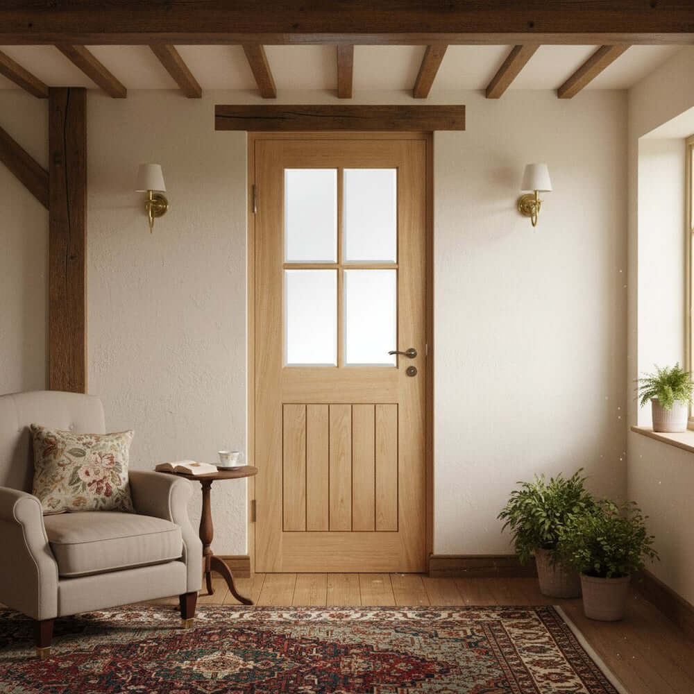 Lifestyle Belize unfinished oak 4 light glazed internal door installed in a room setting